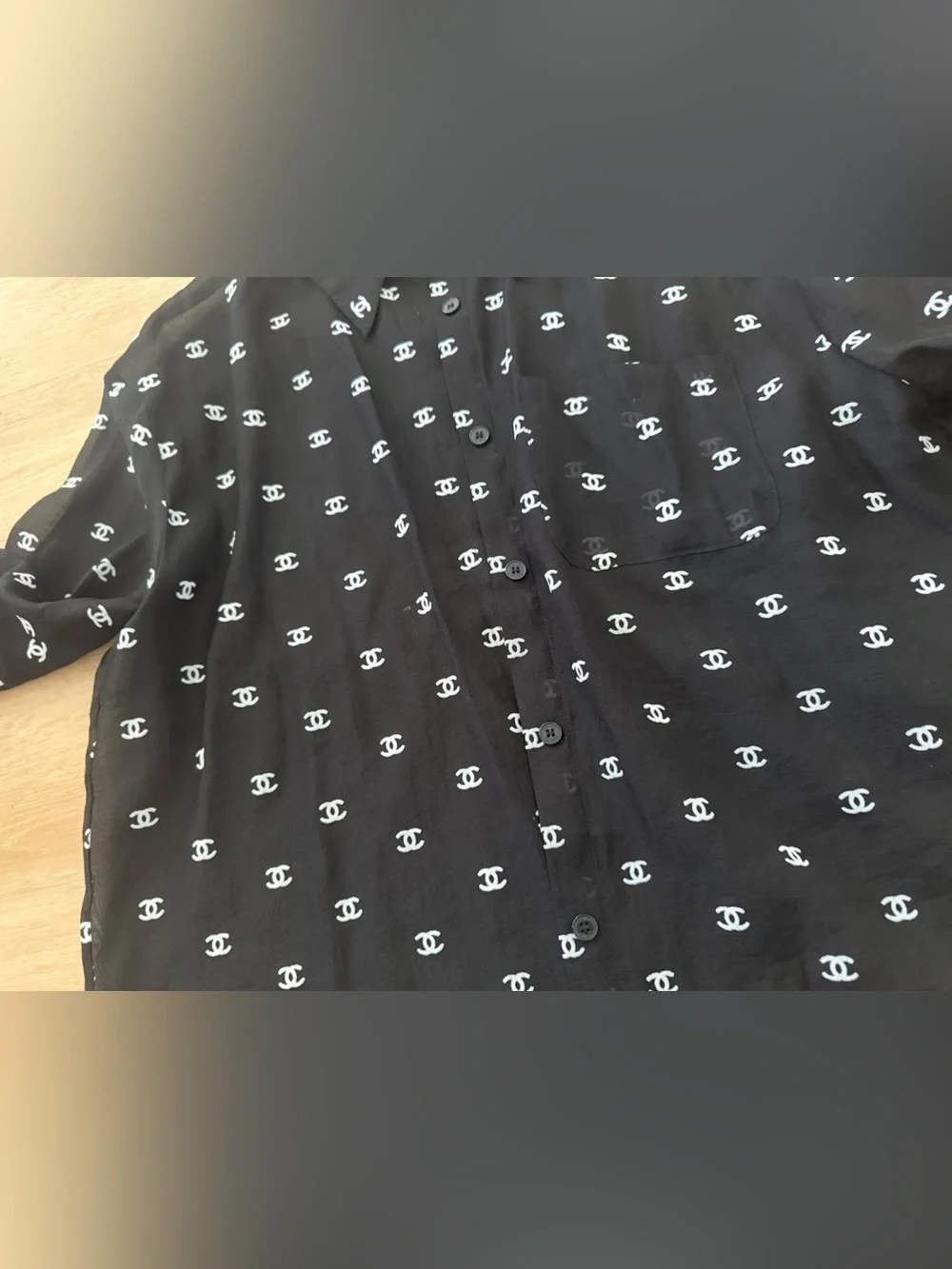 CHANEL Black Button-Down Shirt with White Logo Print